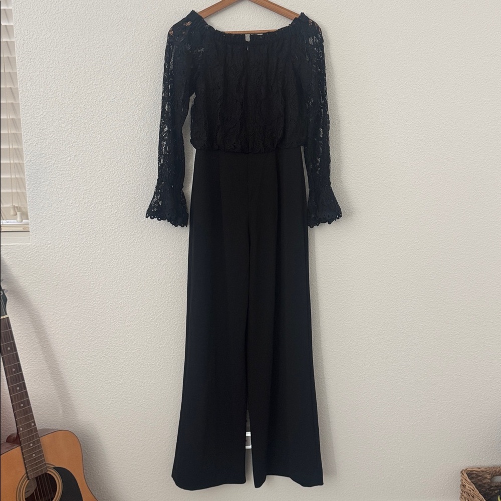 Adrianna Papell Off the Shoulder Lace Sleeve Jumpsuit Black Size 4 Formal Event - Picture 8 of 9